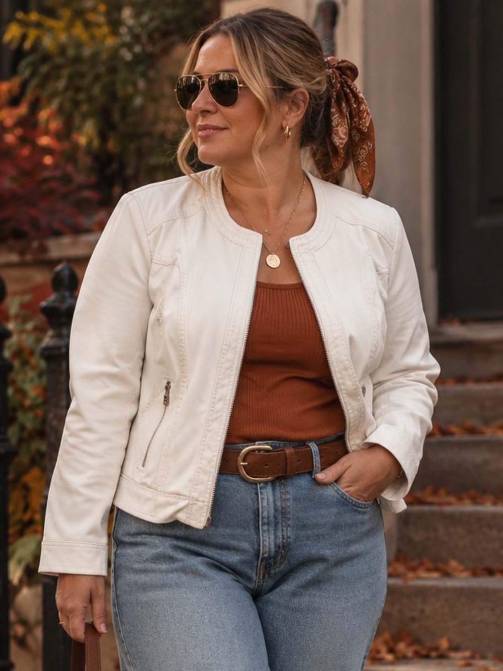 Women's Cream Zip-Front Faux Leather Jacket